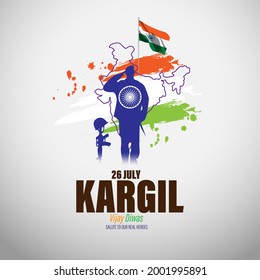 VECTOR ILLUSTRATION FOR 26 JULY VIJAY KARGIL DIWAS MEANS 26 JULY KARGIL (INDIAN BORDER PLACE NAME) VICTORY DAY, written Hindi text amar jawan means martyrs soldier.