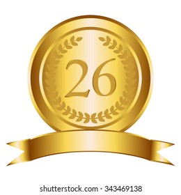 Vector illustration of 26 th anniversary. Gold award. Gold ribbon and laurel wreath on a white backround