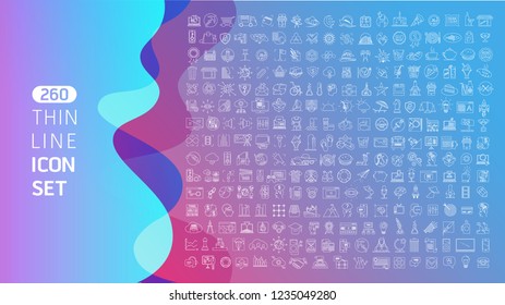 Vector illustration of 260 thin line icons for business, banking, contact, social media, technology, seo, logistic, education, sport, medicine, travel, weather, construction, arrow. Linear symbols set