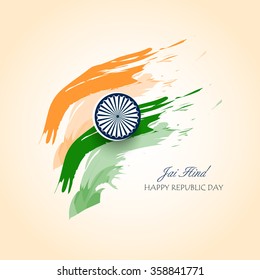 Vector illustration for 26th January with Ashoka Chakra and national Flag color themed grunge effect background.