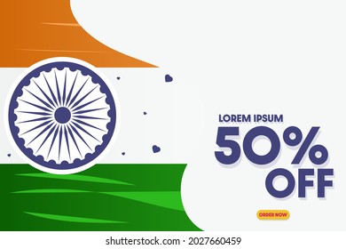 Vektorgrafik vom 26. Januar Republik Tag Angebot Verkauf Hintergrund Vorlagendesign mit 50% Rabatt. 15. August glücklicher Unabhängigkeitstag Indien 50% bieten Werbegestaltung Hintergrund.