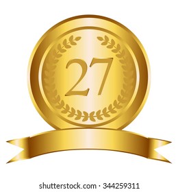 Vector illustration of 27 th anniversary. Gold award. Gold ribbon and laurel wreath on a white backround