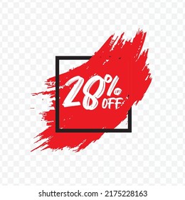 Vector illustration of 28 % OFF discount tag with brush effect on red color and transparent background (PNG).