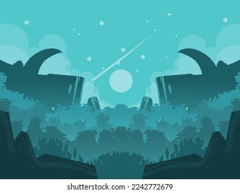 
vector illustration 2d landscape of mountains with trees and moon