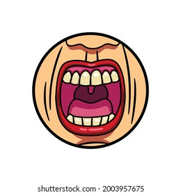 Vector illustration, 2d style, of an open female mouth, with painted lips, screaming, in which you can see the teeth, tongue and throat; framed in a circular shape.