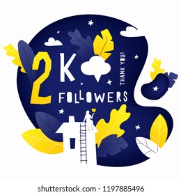 Vector illustration of 2k subscribers celebration banner with house, leaves and woman silhouettes. Hand drawing lettering composition for thanks design template.