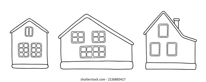 Vektorgrafik von 3 Skizzenhäusern einzeln auf weißem Hintergrund. Farbseite, Element für Ihr Design.