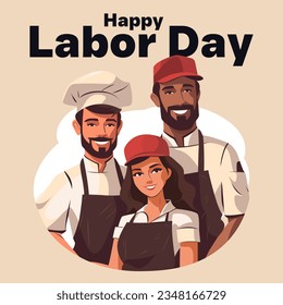 Ilustración vectorial de 3 trabajadores de la restauración 2 hombres y una mujer: chef y camarero. Felicitaciones por el Día del Trabajo en uniforme: delantal, sombrero y gorras del chef. Ropa de restaurante. Para tarjeta, afiche, pancarta.