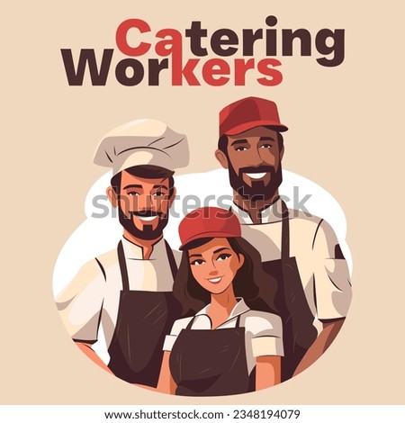 Vector illustration of 3 catering workers 2 men and one woman: chef and waiter. Congratulations on Labor Day in uniform: chef's apron, hat and caps. Restaurant work clothes. For card, poster, logo.