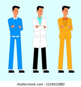 Vector Illustration Of 3 Characters Startup Employee, Doctor And Superstar