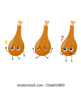 Vector illustration of 3 chicken thighs with various cute expression, set of chicken thigh isolated on white background, simple minimal style,  mascot collection, emoticon, adorable