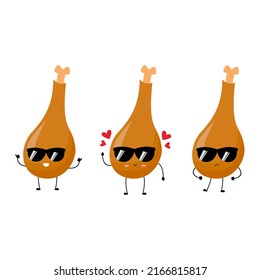 Vector illustration of 3 chicken thighs with various cute expression, set of chicken thigh isolated on white background, simple minimal style,  mascot collection, emoticon, cool with sunglasses