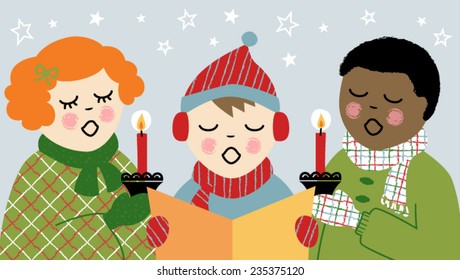 Vector Illustration of 3 Children Christmas Caroling with candles and song book