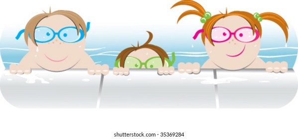 a vector illustration of 3 children in a pool