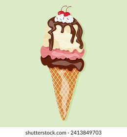 Vector illustration of 3 colors and 3 flavors of ice cream in a cone and red cherry. The picture contains mouthwatering ice cream in waffle cones.