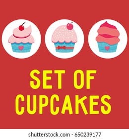 Vector illustration of 3 Cupcakes on red background/3 yummy cupcakes