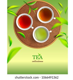 Vector illustration 3 cups of tea: green tea, black tea and red tea