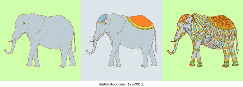 Vector illustration, 3 cute elephants, card concept.