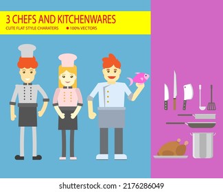Vector illustration of 3 cute flat chefs and some kitchenwares