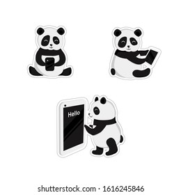 Vector illustration with 3 cute little Chinese pandas stickers. Cartoon pandas with mobile phone on white background. Pandas chatting in gadget and tablet. Flat style for messenger. Isolate.