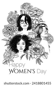 Vector illustration of 3 different girls in peony and rose flowers. Card for March 8th. World Women's Day