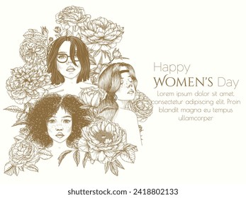 Ilustración vectorial de 3 chicas diferentes en pijitas y flores de rosa. Tarjeta para el 8 de marzo. Día Mundial de la Mujer