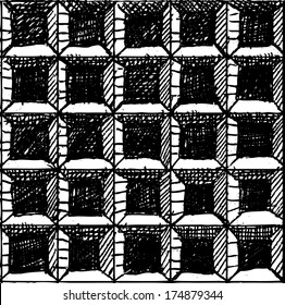 A vector illustration of 3 dimensional black and white tile pattern. 3d hand drawn image / background.