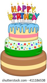 Vector illustration of 3 floors birthday cake with Happy Birthday text and candles on top.