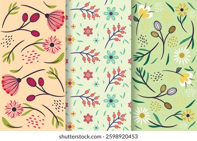 Vector Illustration of 3 Floral Pattern Set