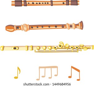 Vector illustration of 3 flutes. Classical musical instruments. Warm colors