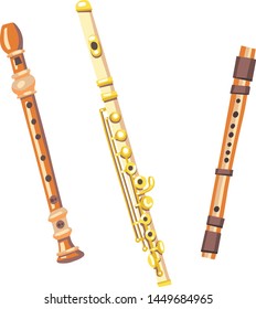 Vector illustration of 3 flutes. Classical musical instruments. Warm colors