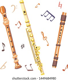 Vector illustration of 3 flutes. Classical musical instruments. Warm colors