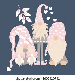 vector illustration with 3 gnomes, hearts and leaves, perfect to use on the web or in print