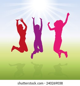 Vector illustration of 3 jumping women/girls.