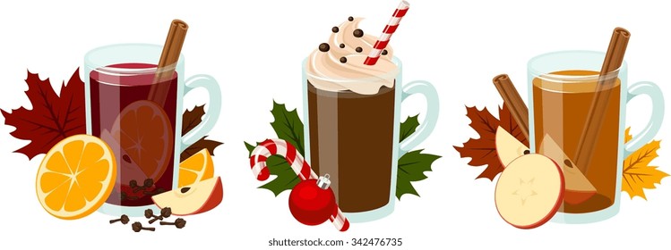 Vector illustration of 3 kinds of hot seasonal holiday beverages.