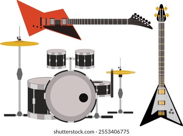 Vector illustration of 3 musical instruments including electric guitar, bass and drums