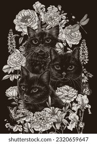 Vector illustration of 3 muzzles of black cats surrounded by flowers. Peonies, lupine, rose, irises, butterflies, dragonfly in engraving style