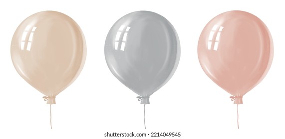 Vector Illustration with 3 Pale Color Hand Drawn Party Balloons. Beige, Light Gray and Light Coral Red Balloons Isolated on a White Background. No Text.