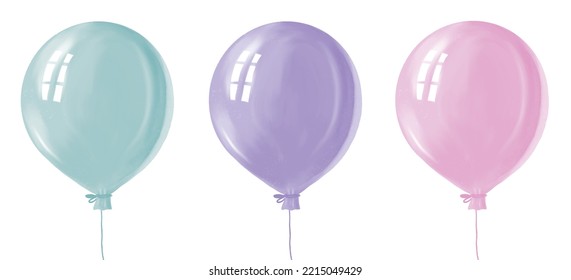 Vector Illustration with 3 Pastel Color Hand Drawn Party Balloons. Mint Blue, Violet and Pink Glossy Balloons Isolated on a White Background. No Text.