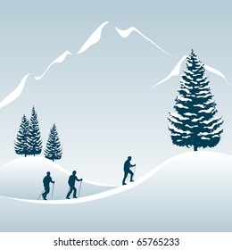 vector Illustration of 3 people enjoying a walking tour in the snowy mountains in winter