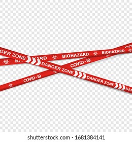 Vector illustration of 3 quarantine warning tapes crossed. Biohazard / quarantine tapes with text on transparent background. Red and white danger zone banner with copy space.