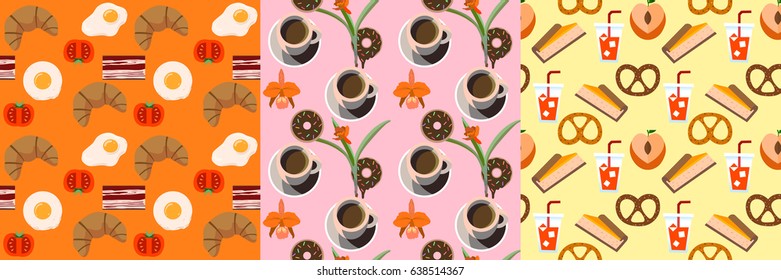 Vector illustration 3 seamless food pattern. with croissant, bacon, fried egg, coffee, doughnut, orchid ,drink, pretzel and cake