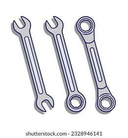 vector illustration of 3 set wrench,spanner,combination spanner,and offset ring spanner.isolated on white background.simple and flat style.suitable for icon,symbol,etc