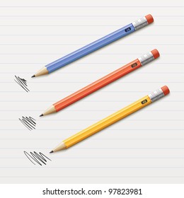 Vector illustration of 3 sharpened pencils isolated on paper