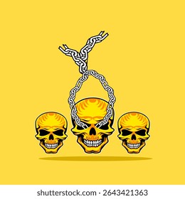 Ilustración vectorial de 3 cráneos con cadenas saliendo de sus ojos