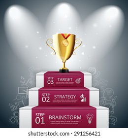 Vector Illustration Of 3 Steps To Success With Red Carpet And Trophy Cup. Can Be Used For Infographic, Banner, Diagram, Step Up Options.