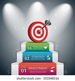 Vector illustration of 3 steps to success with target and dart. Can be used for infographic, banner, diagram, step up options. Doodles icons set.