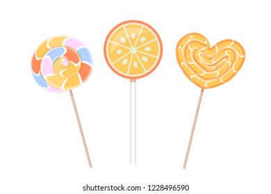 Vector illustration of 3 sweet lollipops in orange color. 