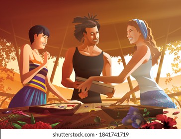 Vector illustration of 3 tourists are attending the paper craft workshop in a bamboo pavilion at a farm stay