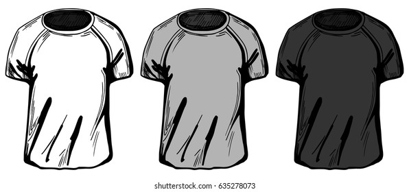 Vector illustration of 3 t-shirts with raglan sleeve: white, grey and black. Hand drawn comic style.
